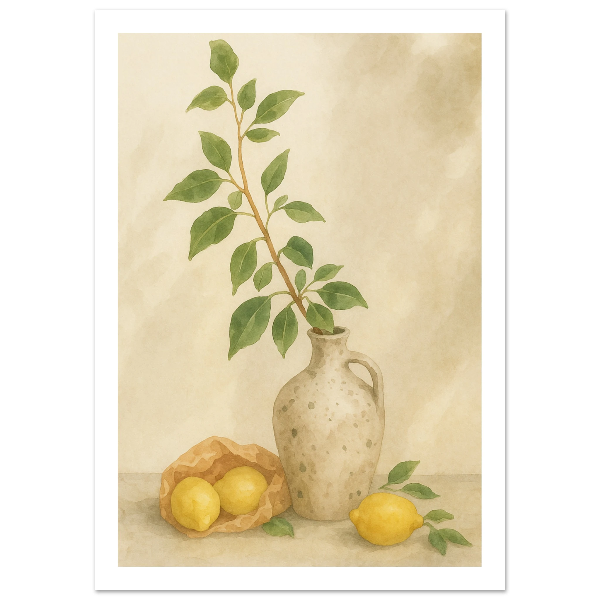 Zitronen neben einer mediterranen Vase als Aquarell