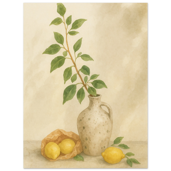 Zitronen neben einer mediterranen Vase als Aquarell