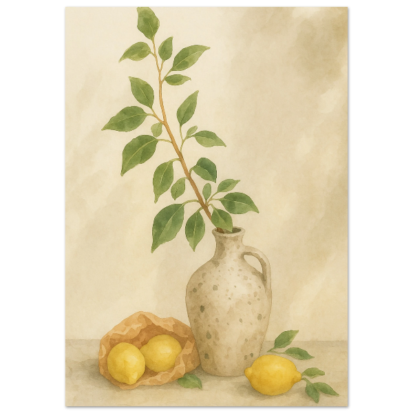 Zitronen neben einer mediterranen Vase als Aquarell