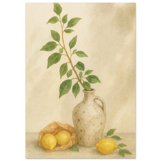 Zitronen neben einer mediterranen Vase als Aquarell