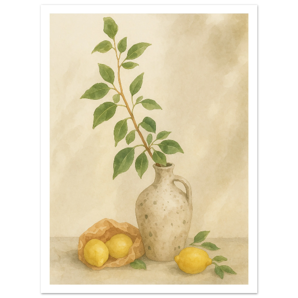 Zitronen neben einer mediterranen Vase als Aquarell