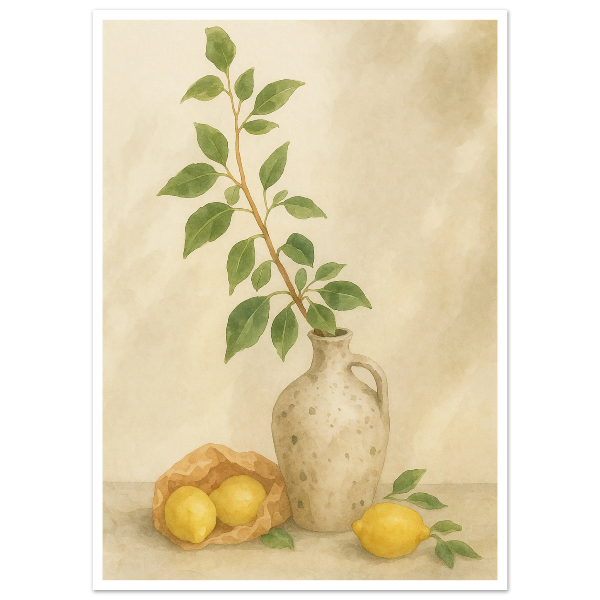 Zitronen neben einer mediterranen Vase als Aquarell