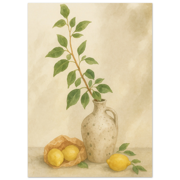 Zitronen neben einer mediterranen Vase als Aquarell